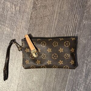 Brown Monogram Wristlet Clutch with Tan Strap